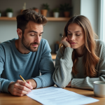 Jeune couple sérieux examinant un bail dans un appartement moderne