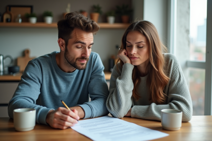 Jeune couple sérieux examinant un bail dans un appartement moderne