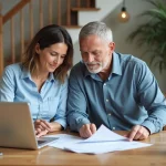 Couple d'adultes lisant des documents de prêt immobilier à la maison