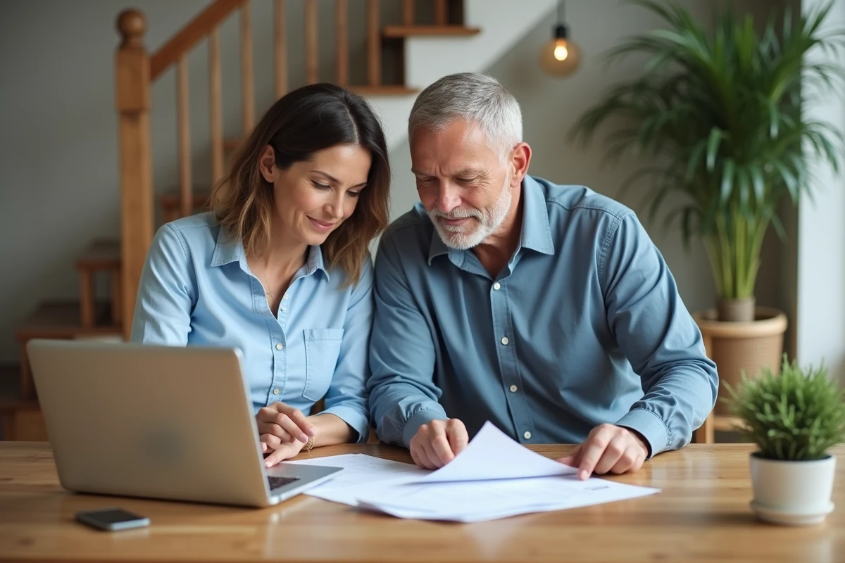 Couple d'adultes lisant des documents de prêt immobilier à la maison
