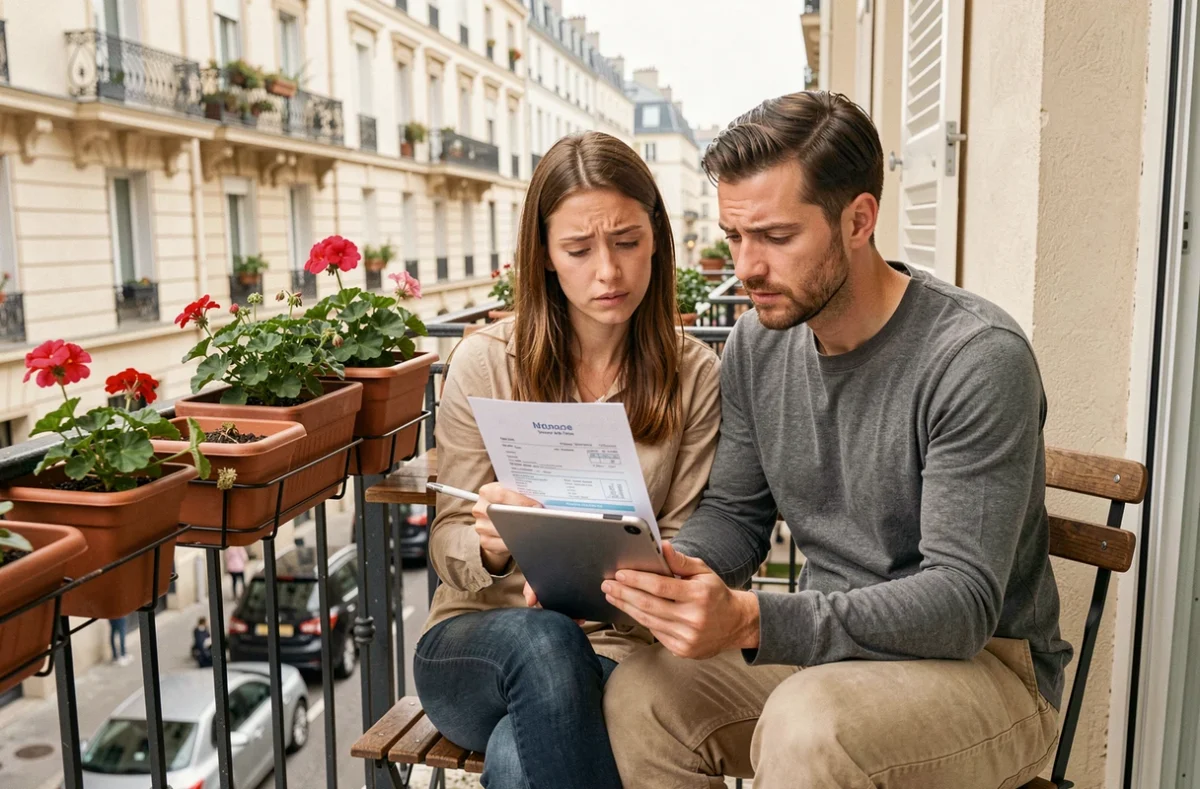 Couple de locataires comparant des devis d'assurance habitation sur une tablette depuis leur balcon