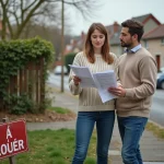 Couple cherchant une location maison avec jardin à 600 euros en zone tendue devant une maison à louer en banlieue