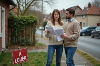 Couple cherchant une location maison avec jardin à 600 euros en zone tendue devant une maison à louer en banlieue