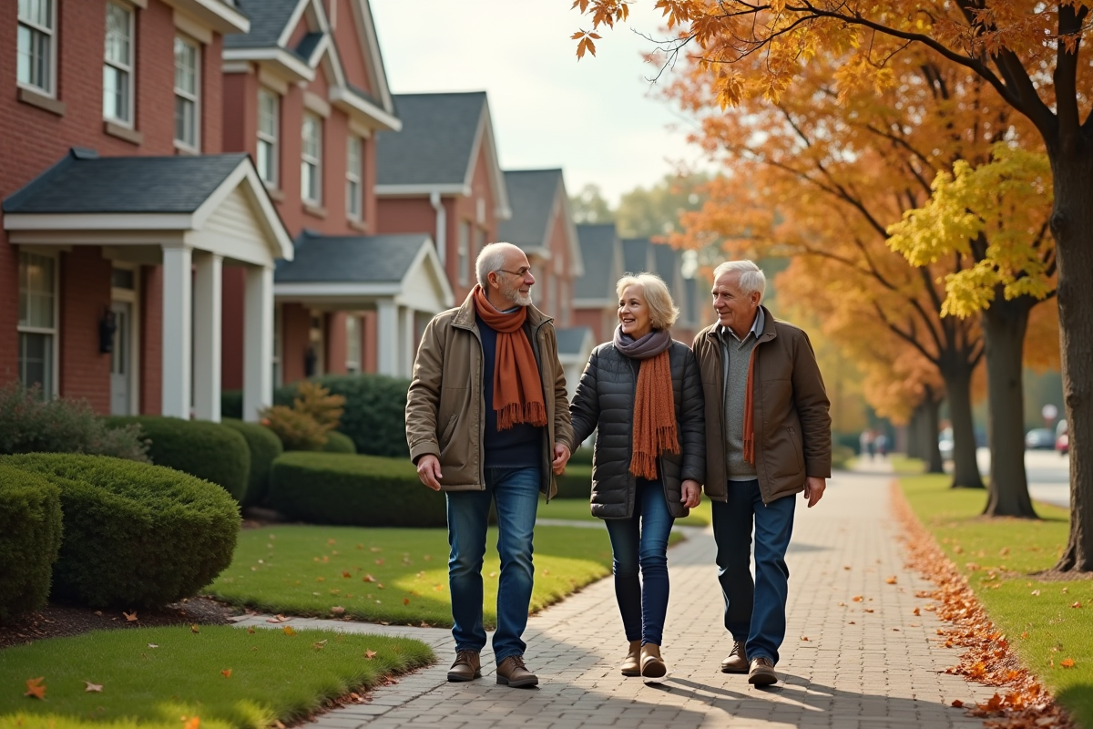 Couple âgé marchant avec agent dans quartier résidentiel