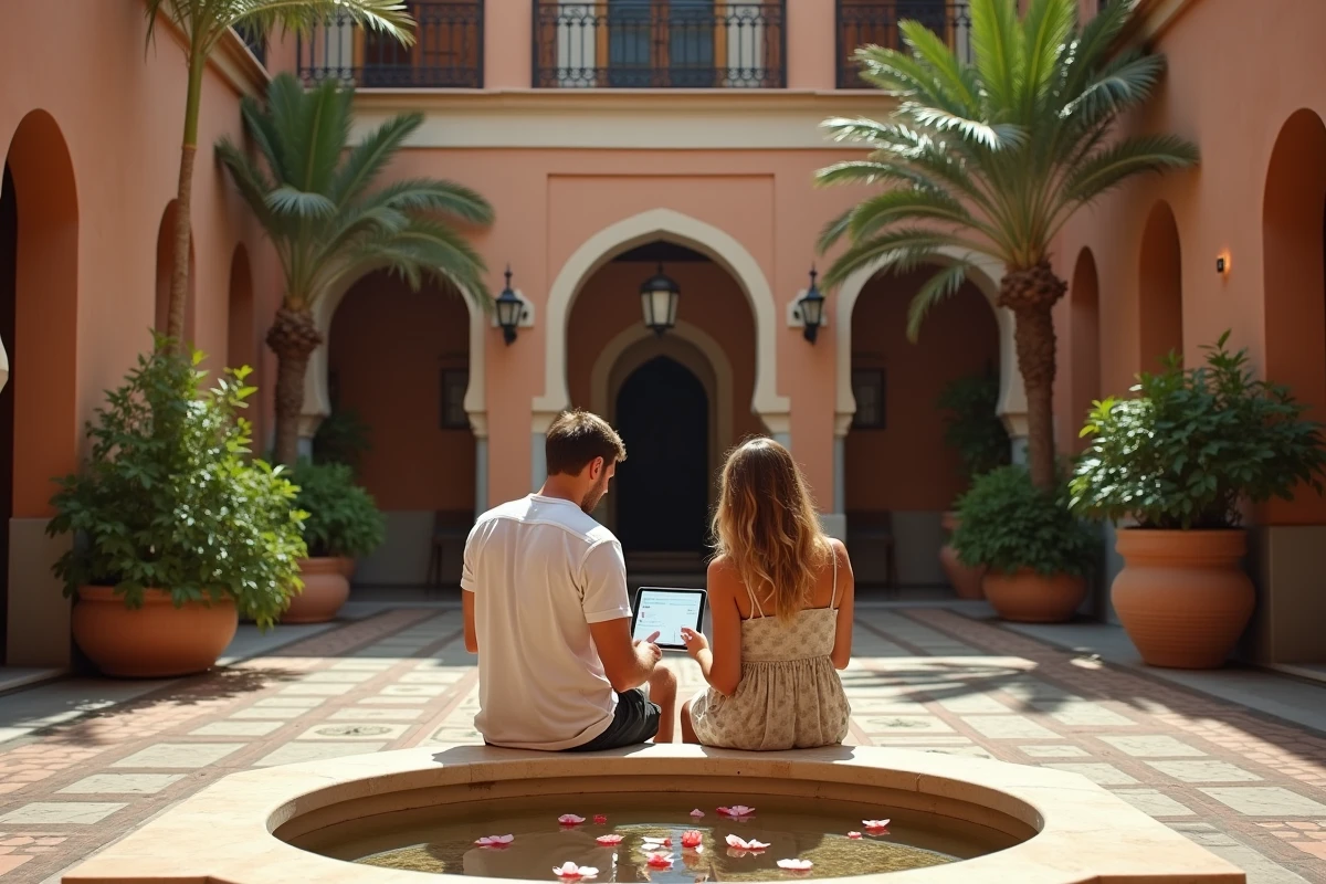 Jeune couple dans un patio marocain examinant des annonces