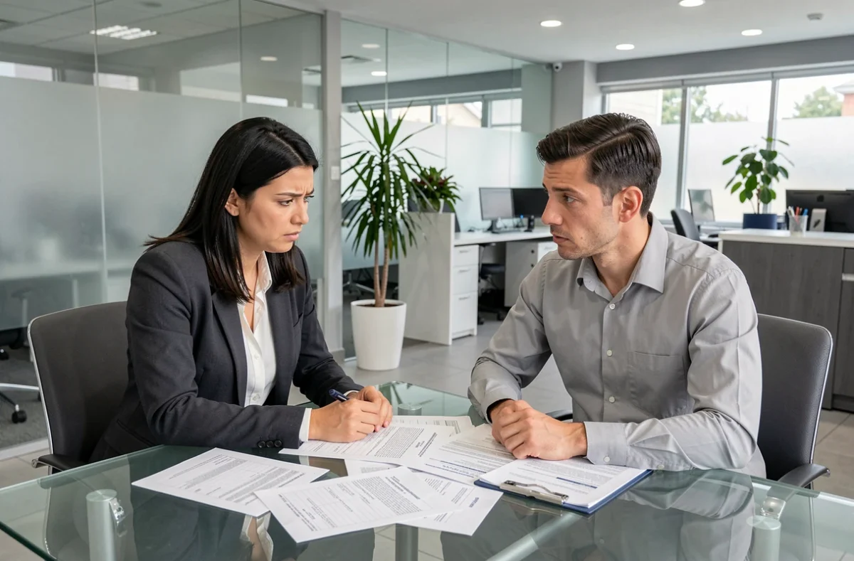 Couple consultant un conseiller bancaire pour un prêt immobilier, documents de financement étalés sur la table en agence