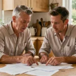 Couple de propriétaires examinant des documents d'assurance maison à leur table de cuisine