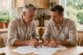 Couple de propriétaires examinant des documents d'assurance maison à leur table de cuisine