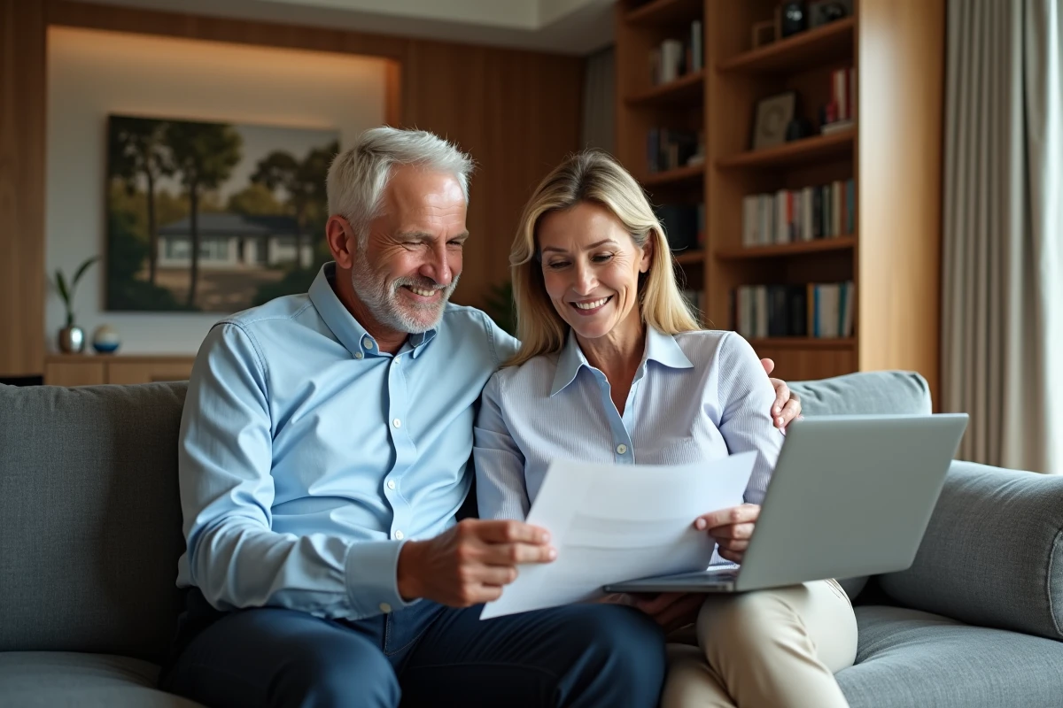Couple de propriétaires fortunés examinant des documents immobiliers de prestige dans un salon contemporain haut de gamme