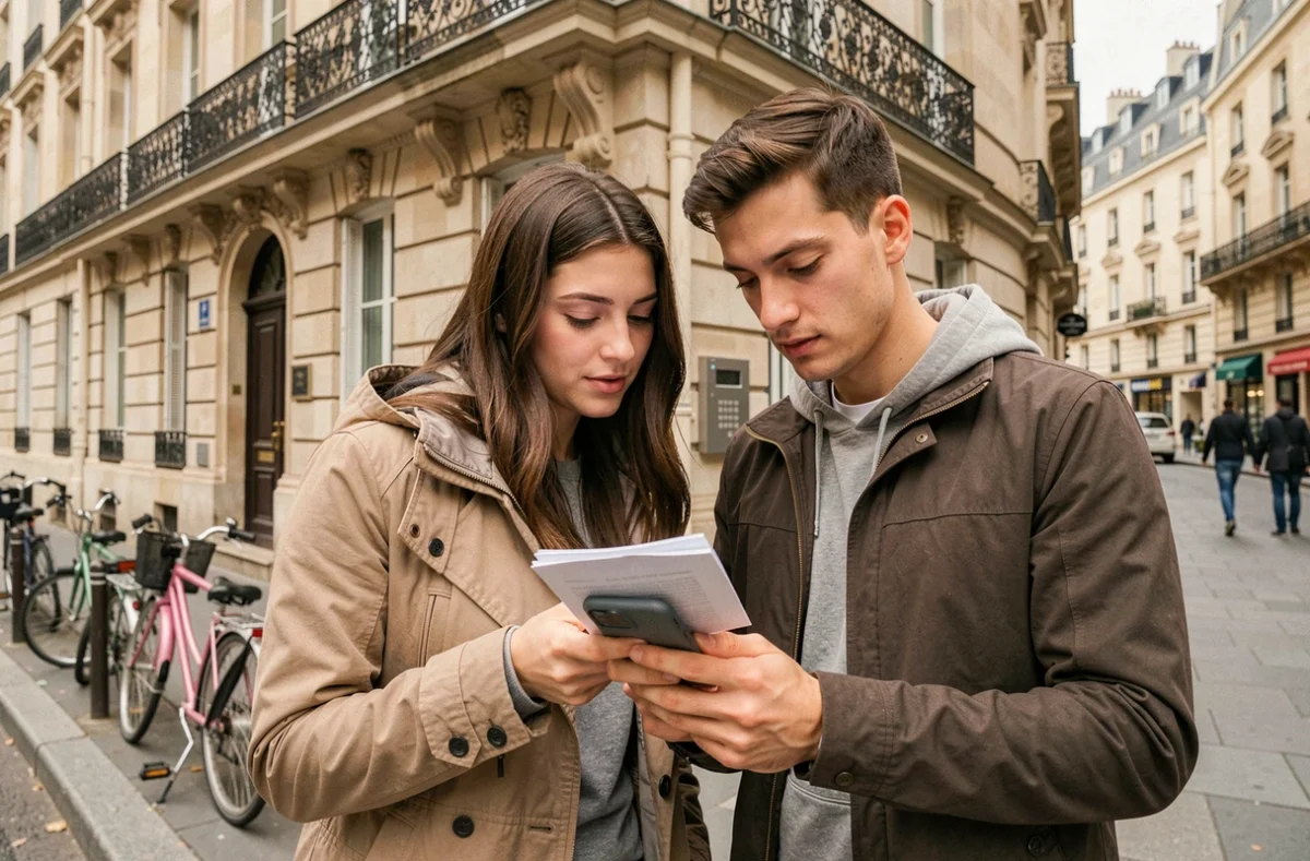 Jeune couple consultant une offre de logement social sur smartphone devant un immeuble parisien