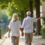 Couple de retraités se promenant devant un immeuble en pierre en Île-de-France lors d'une visite immobilière