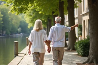 Couple de retraités se promenant devant un immeuble en pierre en Île-de-France lors d'une visite immobilière