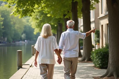 Couple de retraités se promenant devant un immeuble en pierre en Île-de-France lors d'une visite immobilière