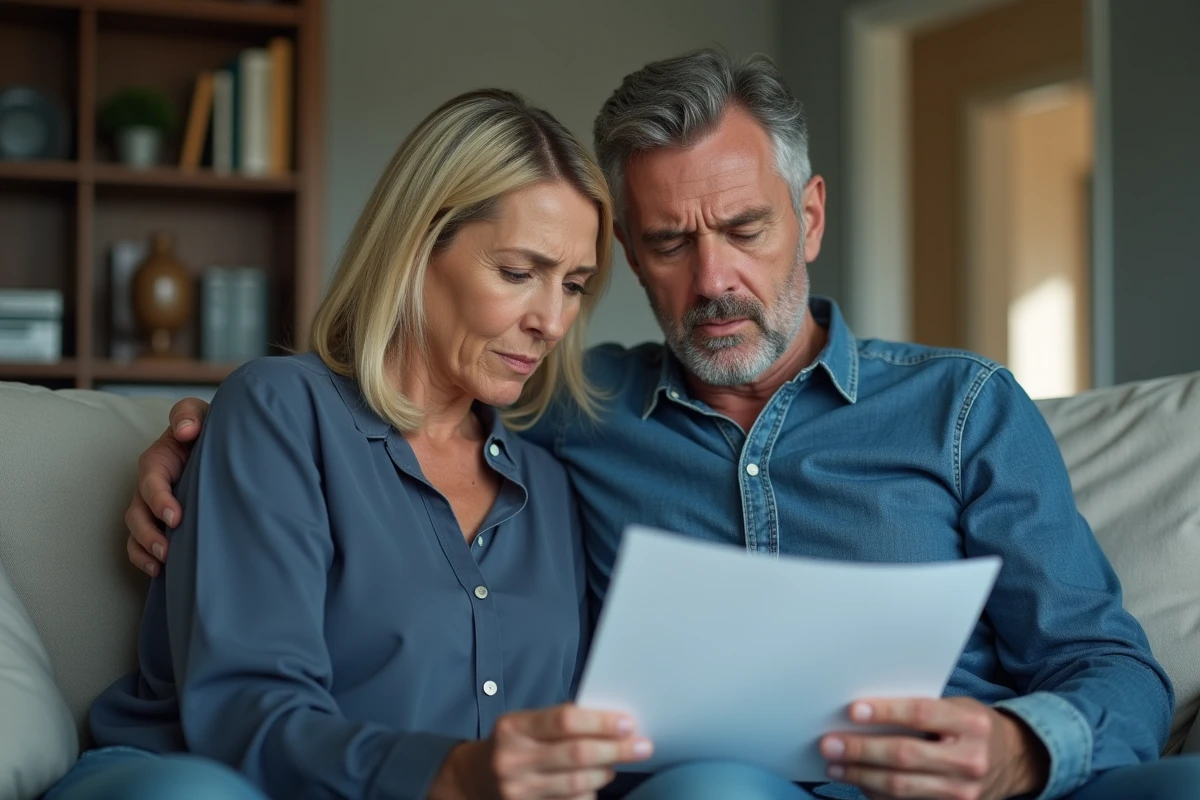 Couple examinant un document de revente immobilière PTZ face à des difficultés financières
