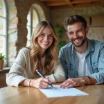 Jeune couple souriant signant un contrat de location dans un appartement lumineux