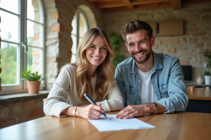 Jeune couple souriant signant un contrat de location dans un appartement lumineux