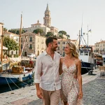 Couple se promenant sur le Vieux-Port de Marseille avec la basilique Notre-Dame de la Garde en arrière-plan