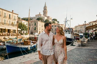 Couple se promenant sur le Vieux-Port de Marseille avec la basilique Notre-Dame de la Garde en arrière-plan