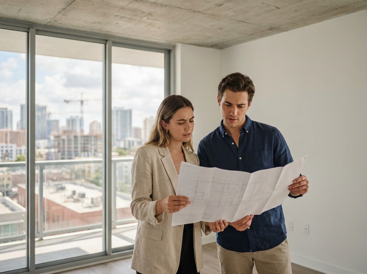 Couple de jeunes actifs visitant un appartement neuf à Nanterre, tenant des plans architecturaux