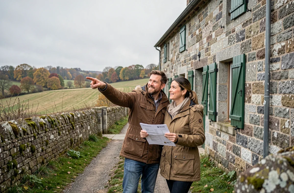 Couple découvrant un cottage en pierre typique de la Creuse lors d'une visite de location dans la campagne