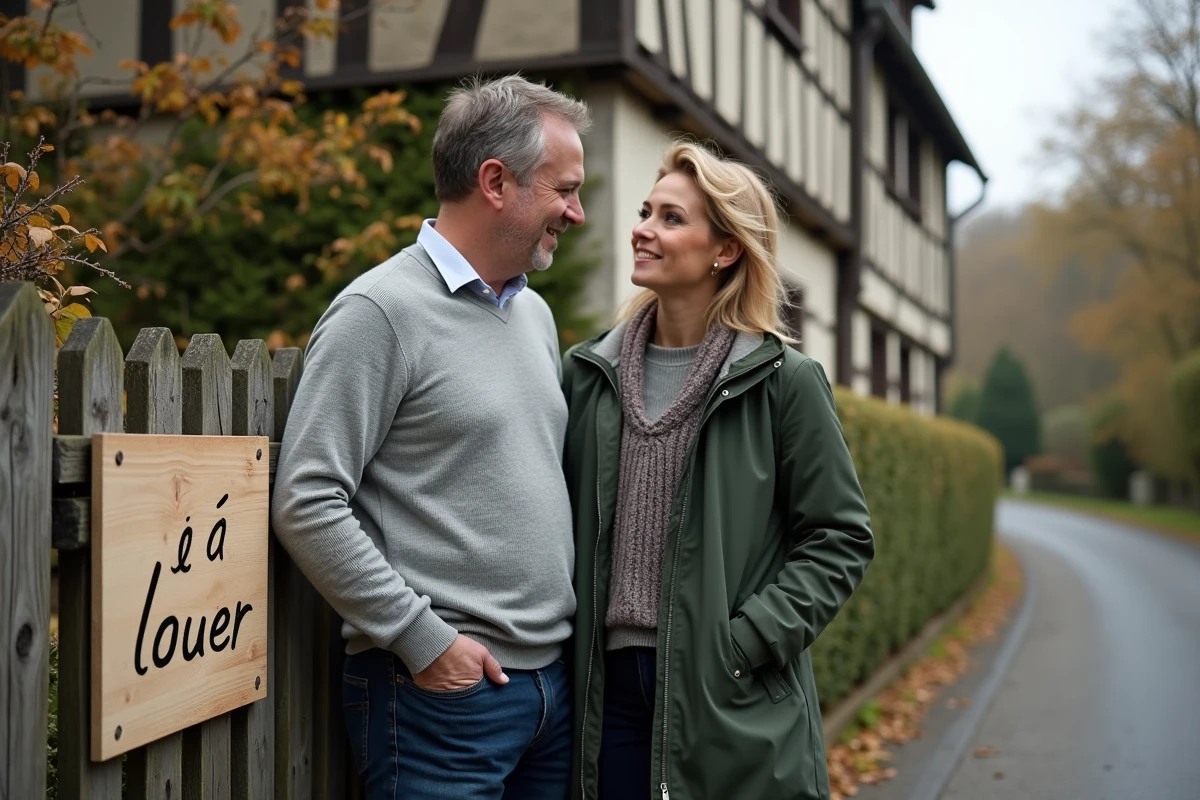Couple visitant une maison à louer en Normandie dans l'Eure, devant un panneau à louer sur un portail en bois