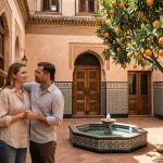 Couple visitant le patio d'un riad traditionnel à Marrakech pour un projet d'achat immobilier