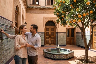 Couple visitant le patio d'un riad traditionnel à Marrakech pour un projet d'achat immobilier
