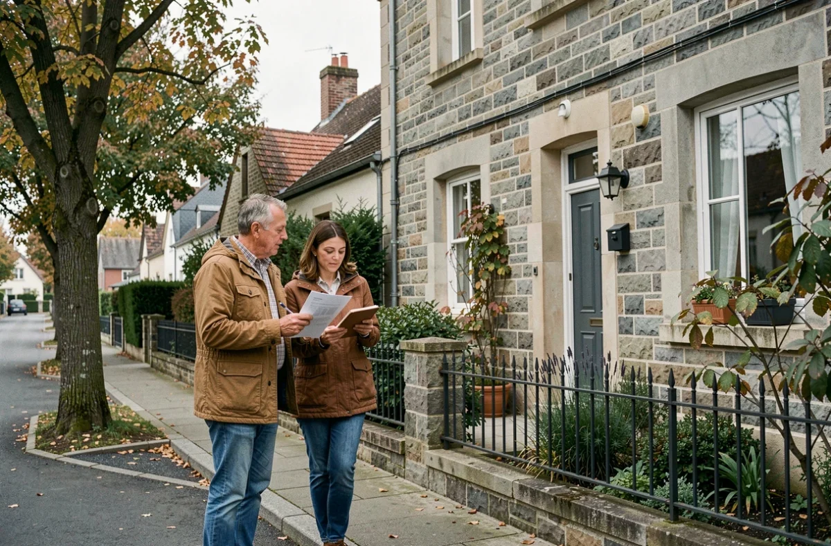 Un couple devant une maison en pierre consultant des documents cadastraux lors d'une visite de terrain pour identifier le propriétaire