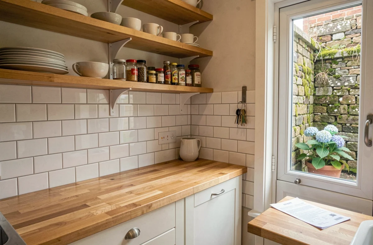 Cuisine équipée d'un appartement en location annuelle à Concarneau, avec vue sur cour intérieure et ambiance bretonne authentique