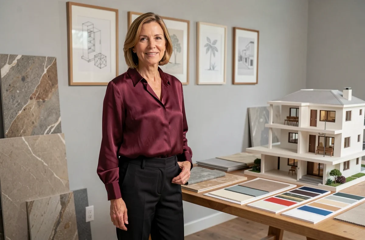 Florence Bontemps de DECOEMOTION dans son studio d'architecture d'intérieur entouré de matériaux décoratifs