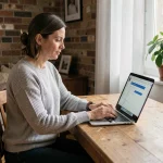 Femme remplissant une demande de logement social en ligne depuis son appartement parisien