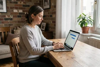 Femme remplissant une demande de logement social en ligne depuis son appartement parisien