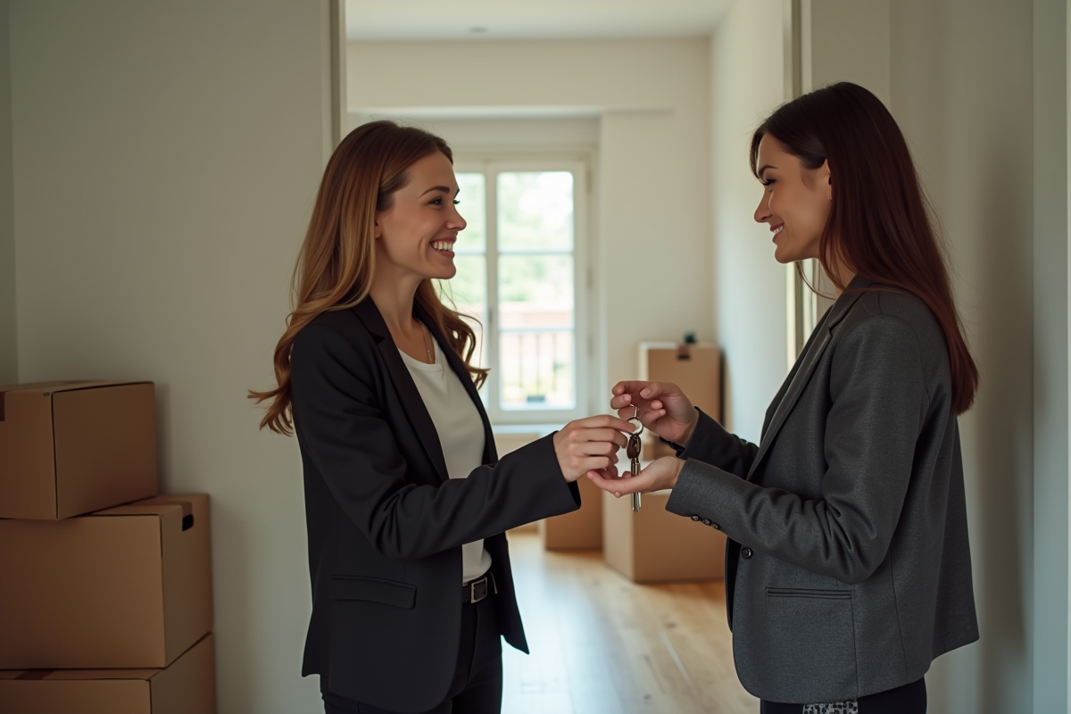 Deux femmes échangeant des clés dans un couloir avec cartons de déménagement