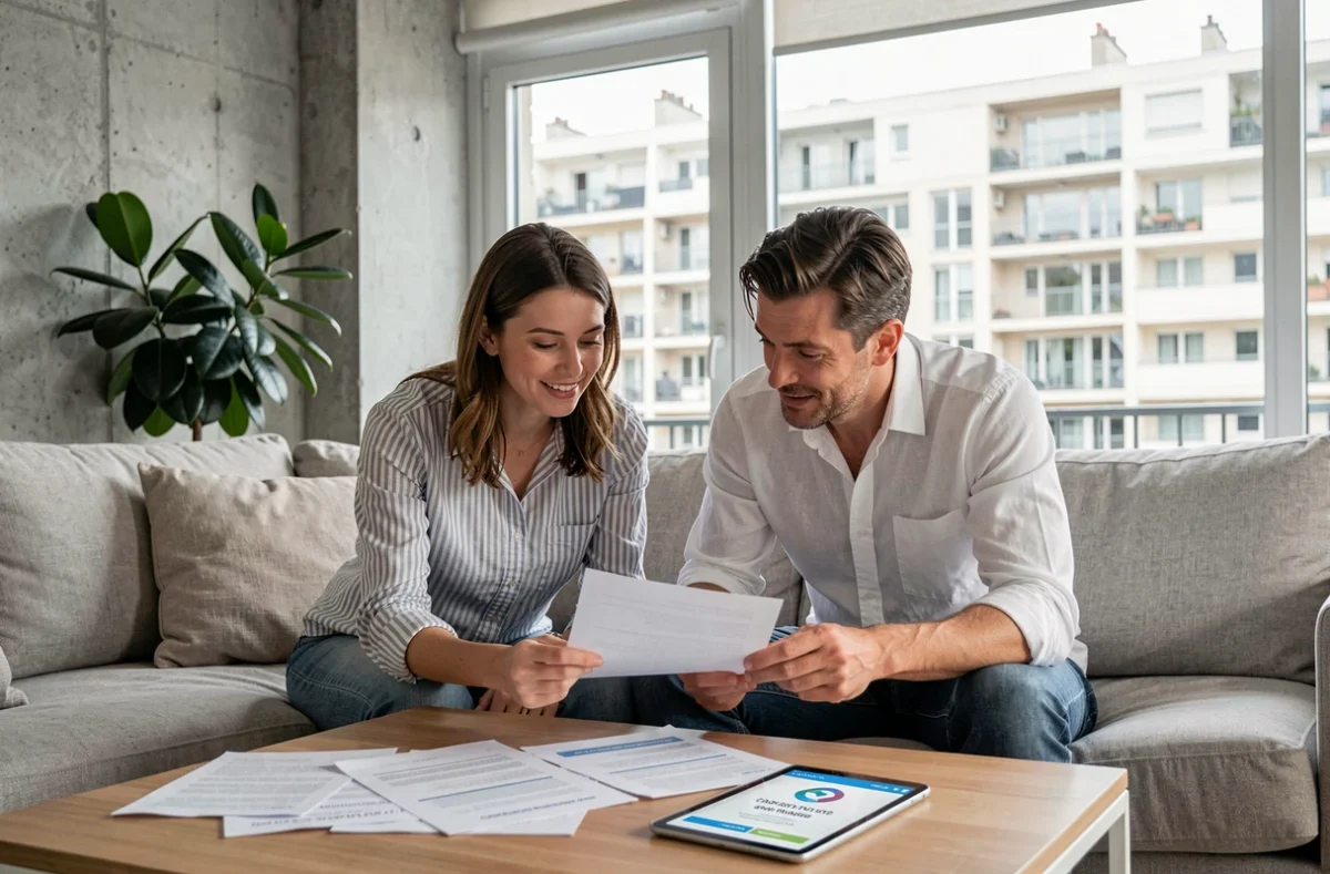 Couple comparant des devis d'assurance habitation dans un appartement moderne à Boulogne-Billancourt