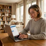 Femme recherchant un devis d'assurance habitation en ligne depuis son appartement à Boulogne-Billancourt
