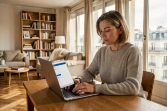Femme recherchant un devis d'assurance habitation en ligne depuis son appartement à Boulogne-Billancourt