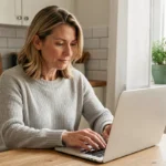 Femme qui remplit un devis d'assurance habitation en ligne sur un ordinateur portable dans une cuisine moderne