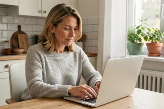 Femme qui remplit un devis d'assurance habitation en ligne sur un ordinateur portable dans une cuisine moderne