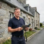 Diagnostiqueur immobilier professionnel devant une maison bretonne en pierre dans le Finistère