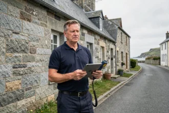 Diagnostiqueur immobilier professionnel devant une maison bretonne en pierre dans le Finistère