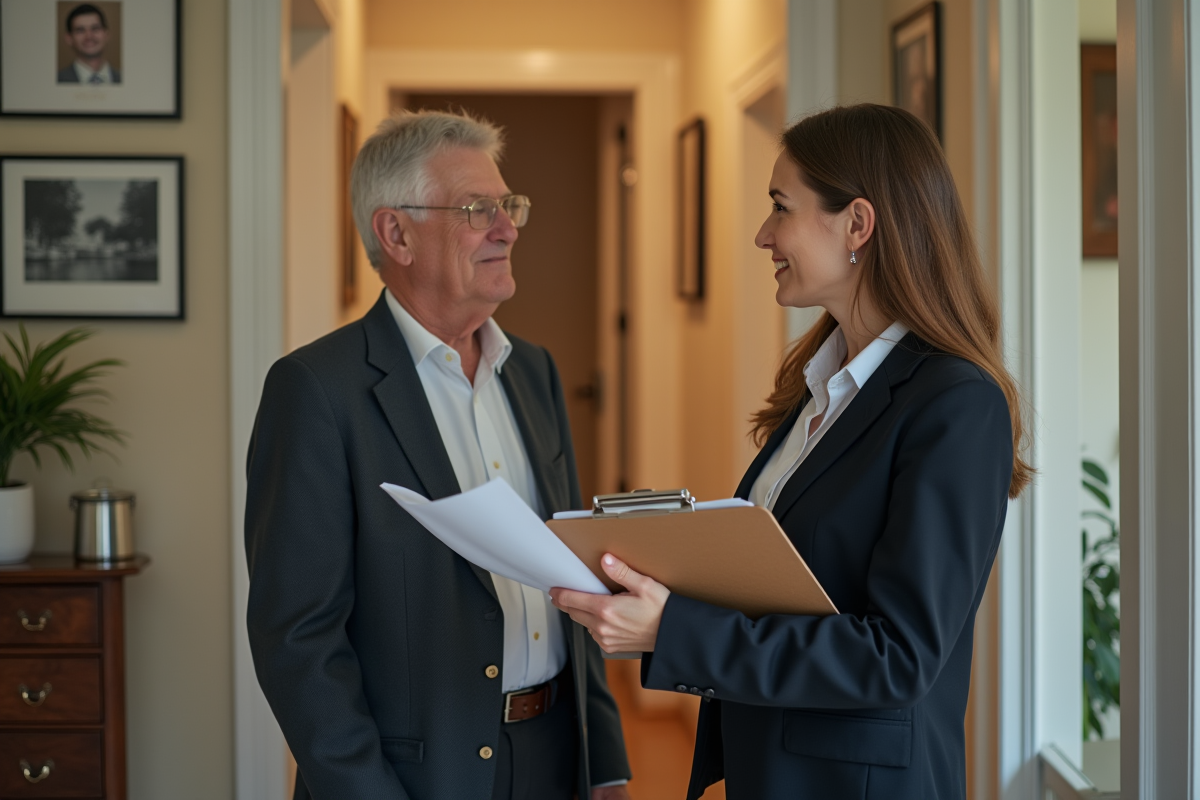 Femme professionnelle discutant avec un homme âgé à la porte