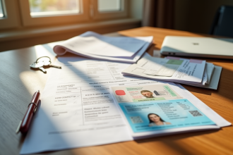Piles de documents officiels et cartes d'identité françaises sur une table en bois