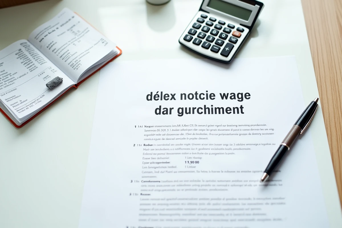Vue aérienne de documents légaux de saisie sur salaire, calculatrice et quittances de loyer sur un bureau pour illustrer une contestation