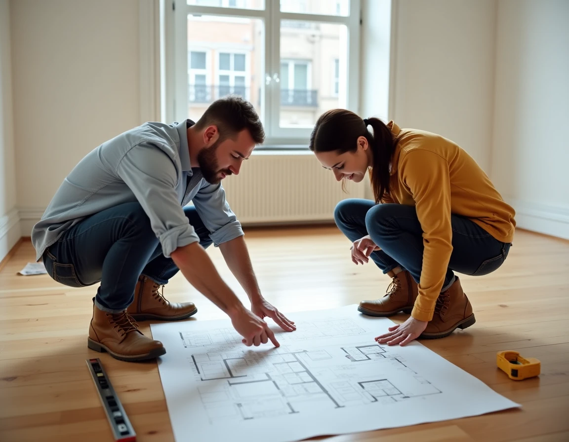 Duo de débutants en rénovation immobilière étudiant un plan d'appartement au sol dans une pièce vide fraîchement peinte
