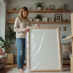 Femme emballant une peinture dans un salon moderne