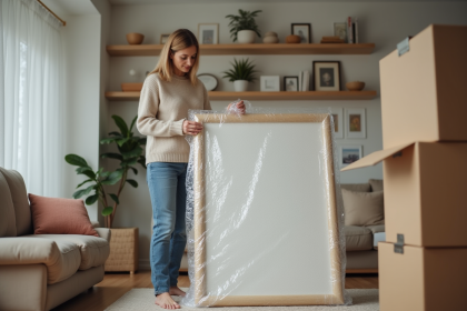Femme emballant une peinture dans un salon moderne