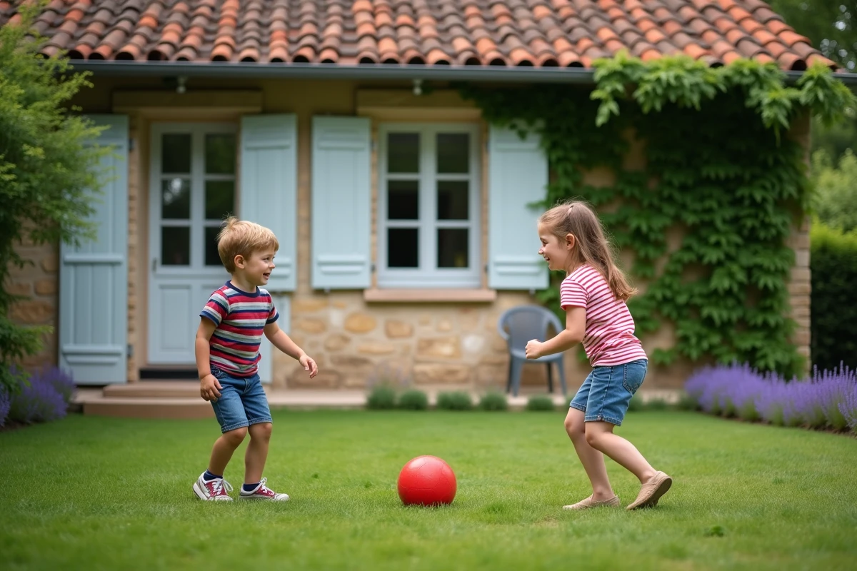 Enfants jouant dans le jardin d'une petite maison louée dans un village de l'Eure en Normandie