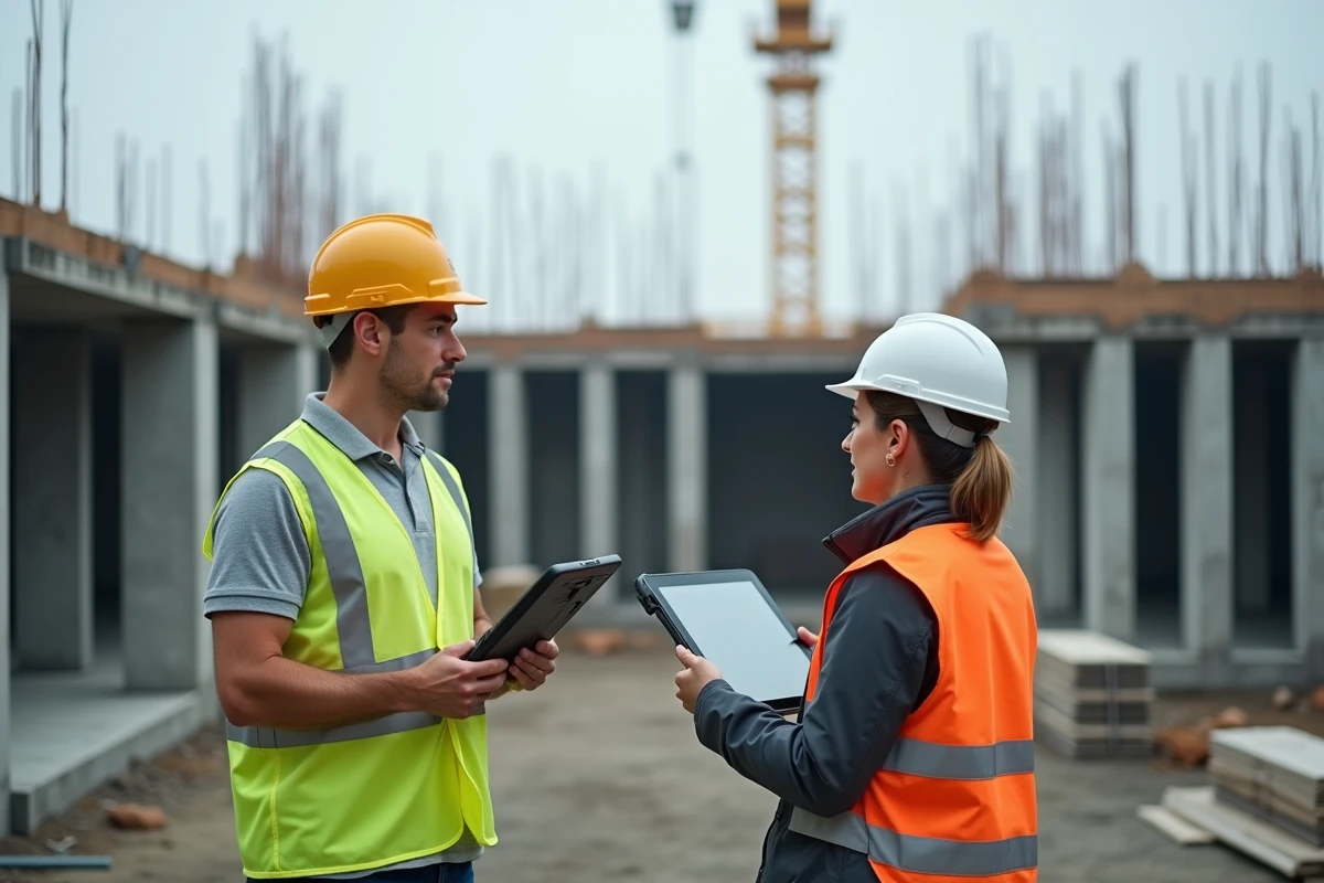 Ingénieur et chef de projet consultant une interface BIM sur tablette sur un chantier de construction en France