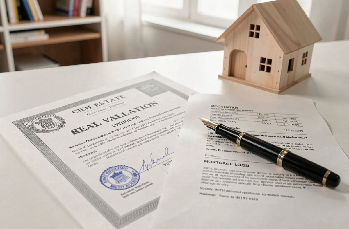 Vue de dessus d'une estimation notariale et d'une simulation de prêt immobilier sur un bureau, stylo plume et maison miniature