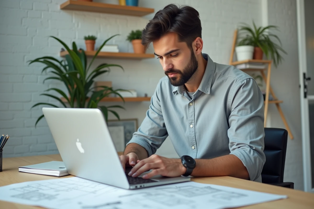 Jeune homme étudiant des documents immobiliers à son bureau pour préparer son premier achat